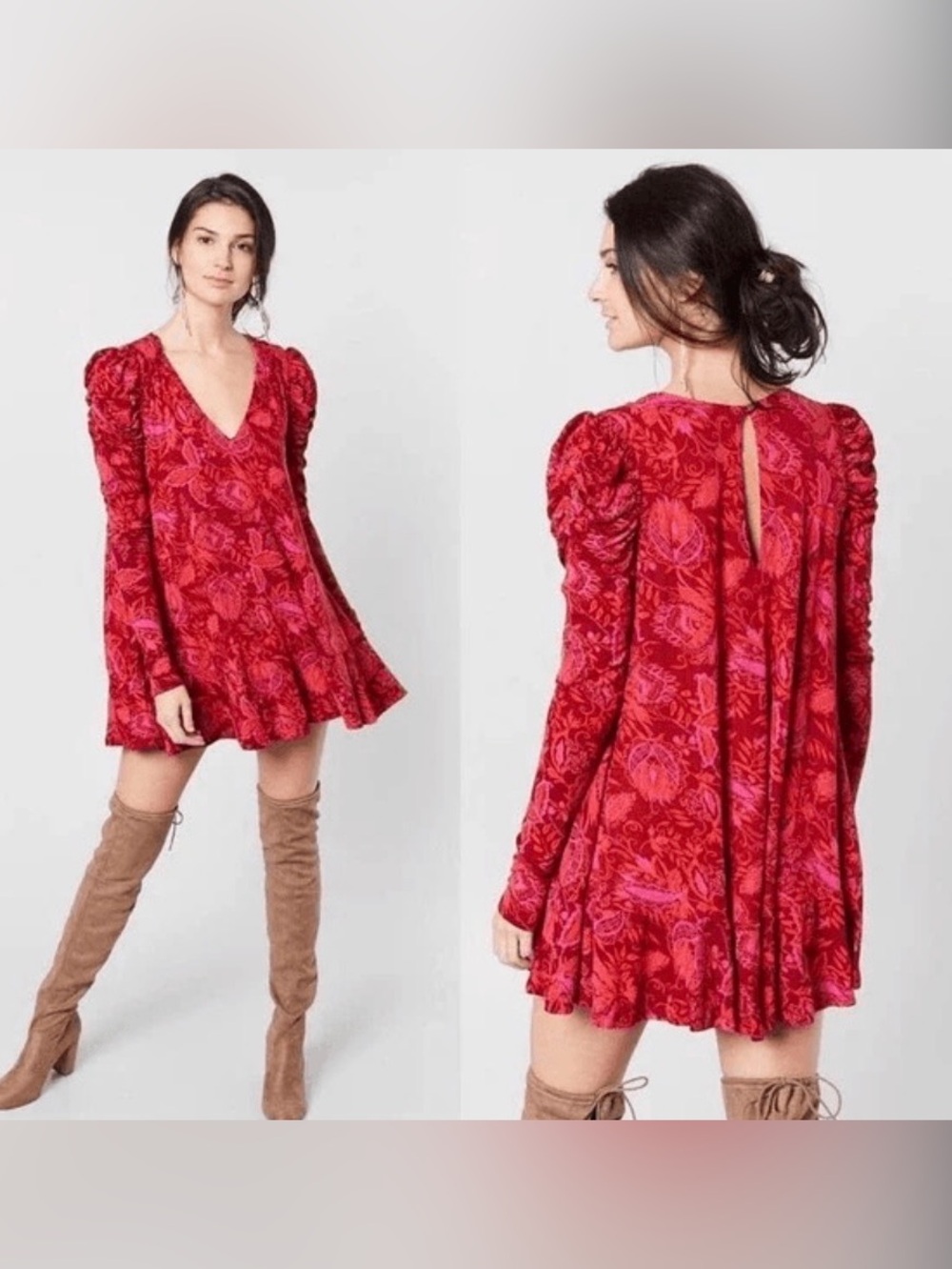 Free People Red Floral V-Neck Mini Dress
